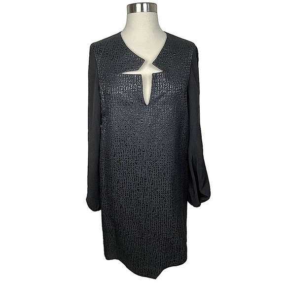 Staci Snider Black Brocade V-Neck Asymmetrical Hem L/S Trapezoid Shift Dress M/4 - Picture 1 of 13